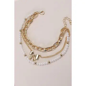 Bow Pearl Link Trio Set Bracelet