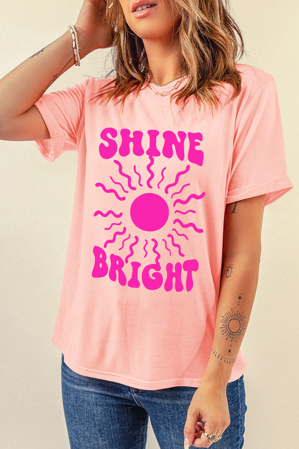 Pink Casual SHINE BRIGHT Sun Graphic Round Neck Tee