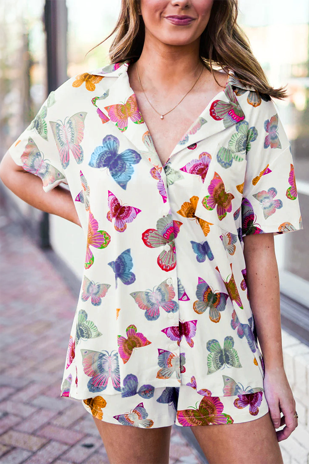 Multicolour Butterfly Print Button-up Shirt & Shorts Pajama Set