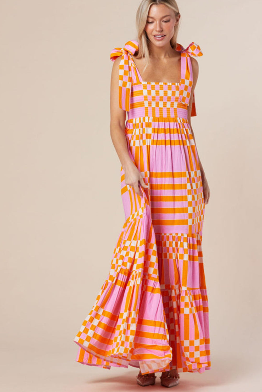 Pink Tie Strap Plaid & Striped Smocked Maxi Dress