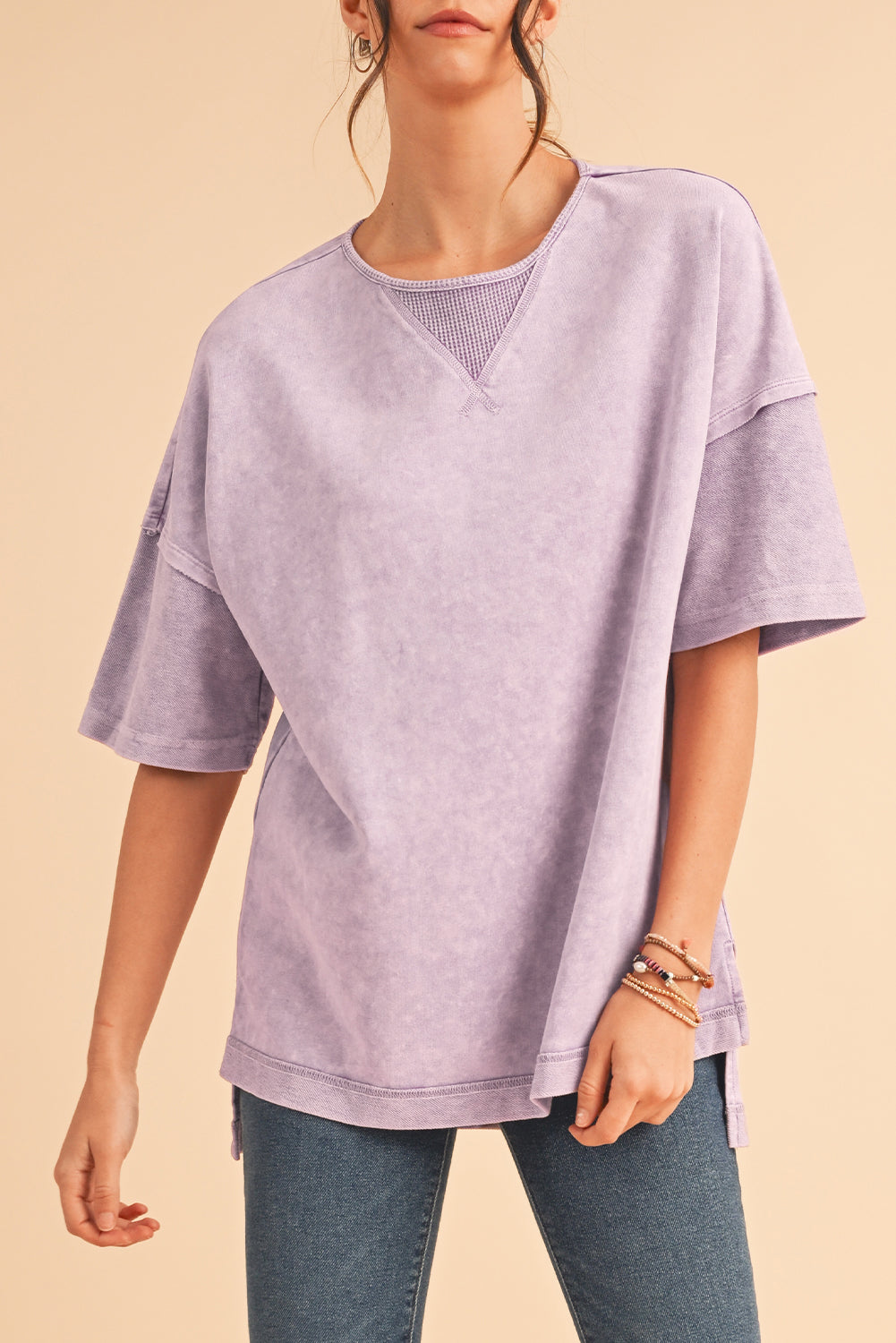 Orchid Petal Mineral Wash Exposed Seam Drop Shoulder Oversized Tee