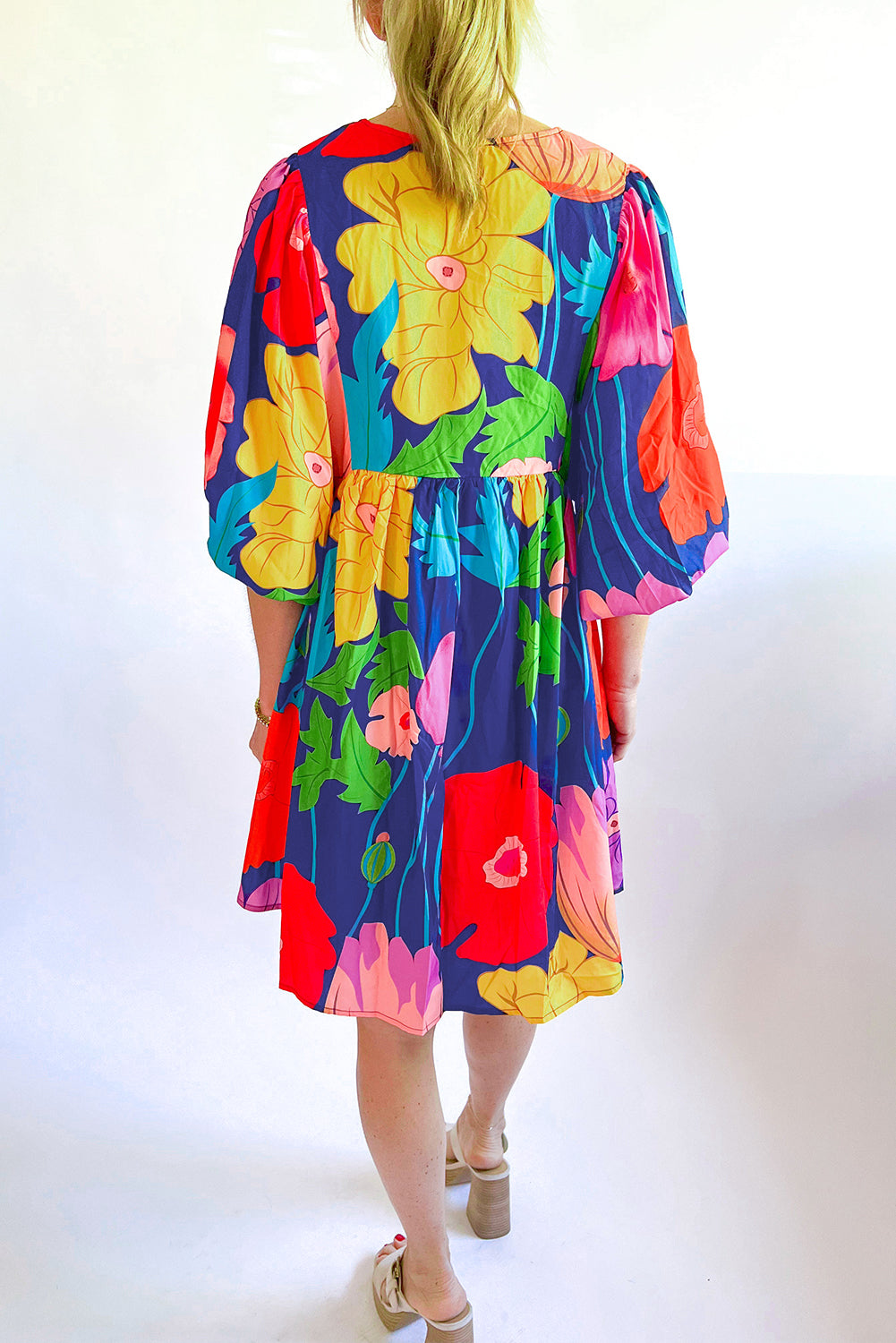 White Puff Sleeve Tied Split Neck Colorful Floral Flowy Dress