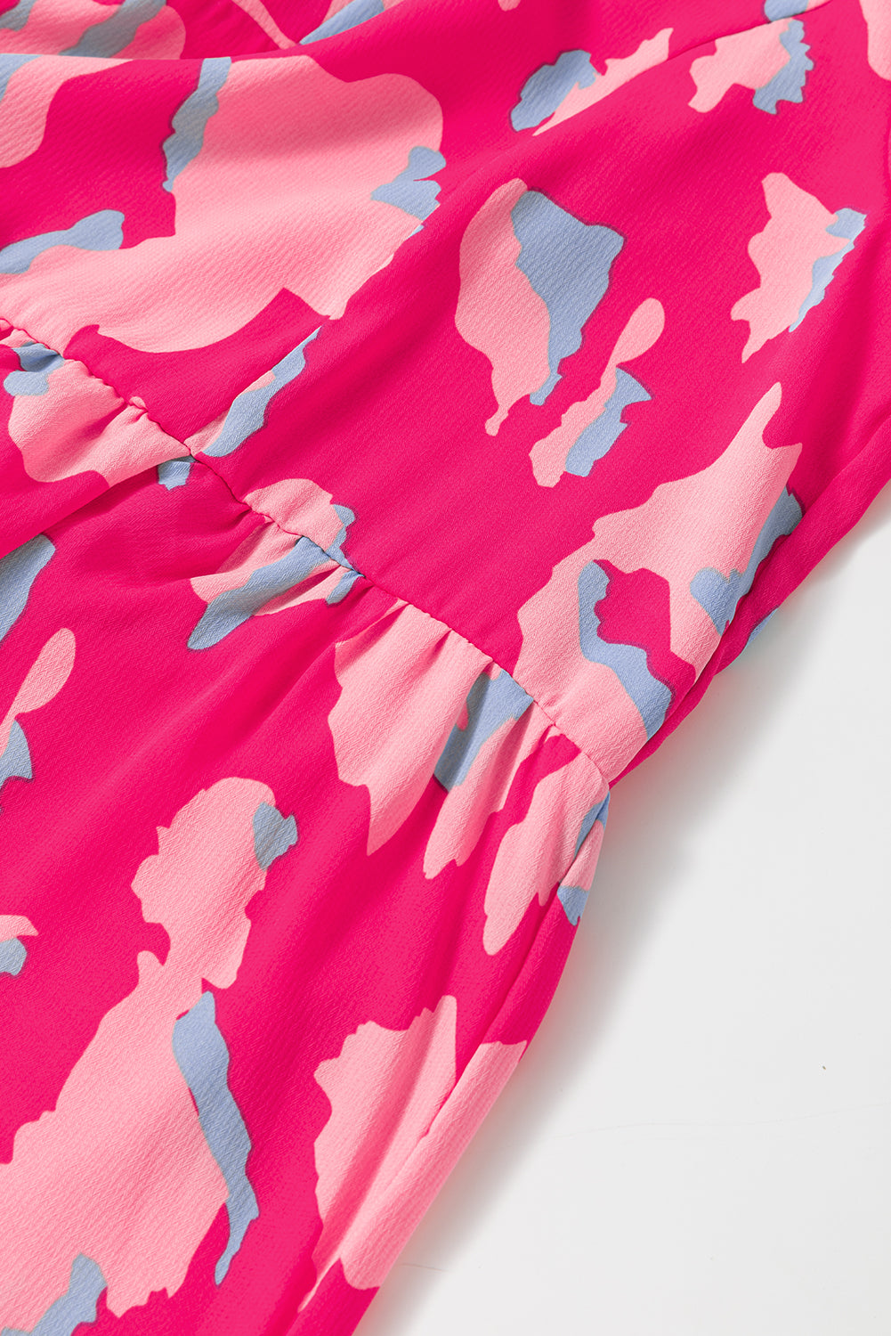 Pink Abstract Print V Neck Smocked Sleeve Mini Dress