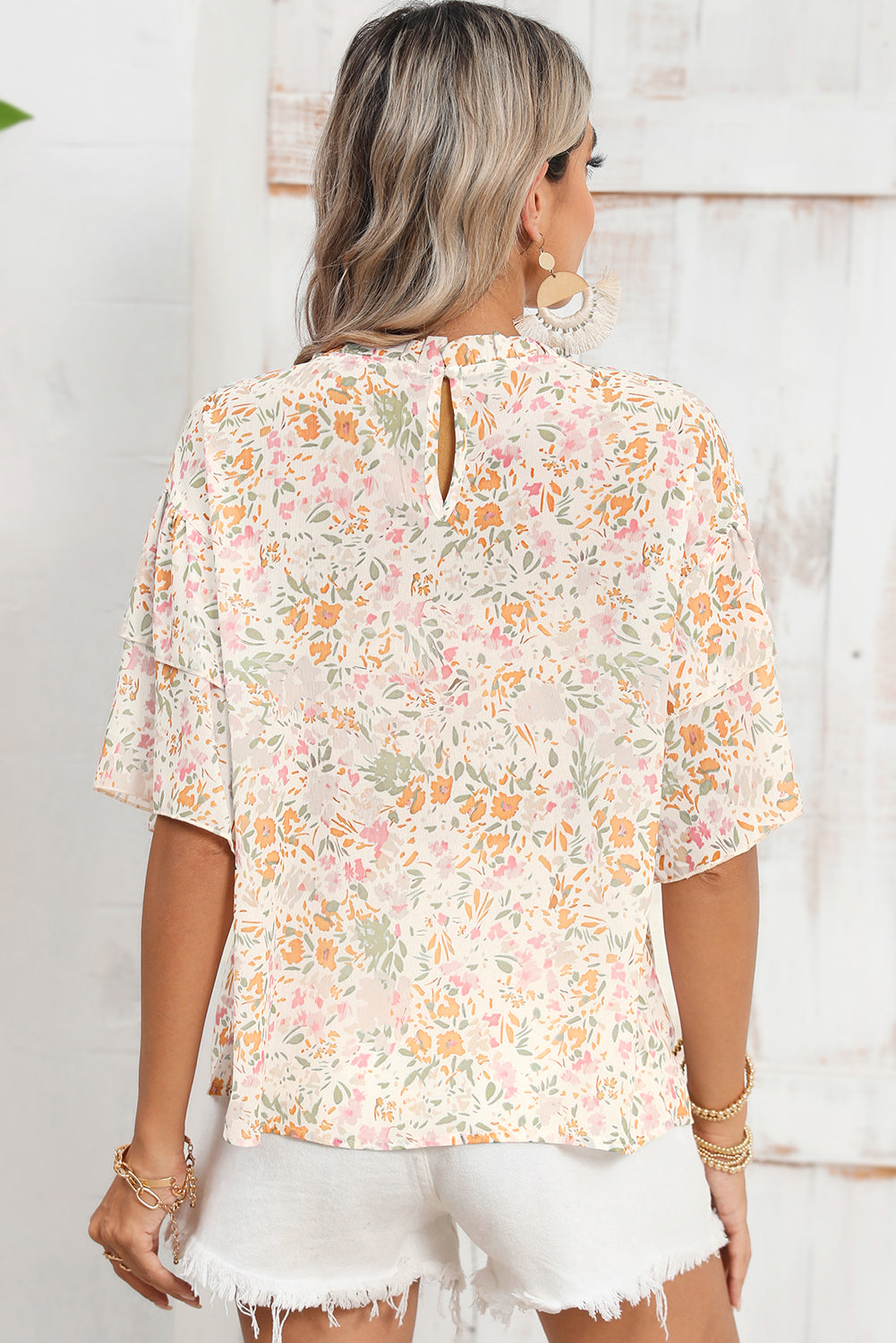 Multicolor Floral Print Wide Batwing Sleeves Blouse