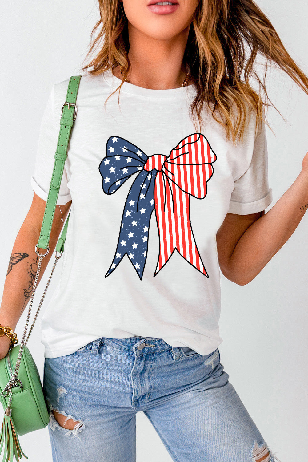 White American Flag Bow Knot Graphic Slim Fit Crewneck Tee