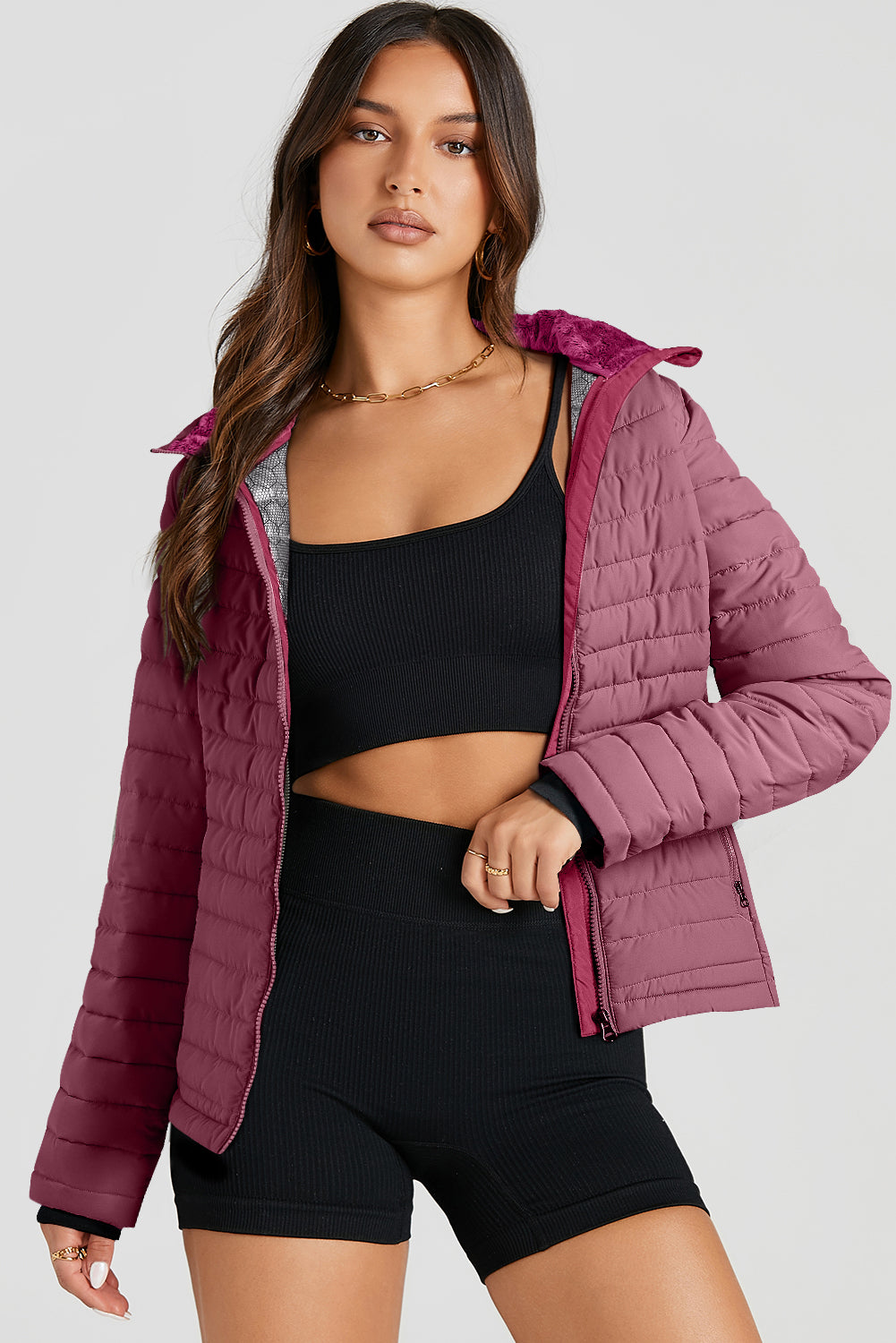 Myosotis Solid Color Quilted Zip-up Puffer Jacket