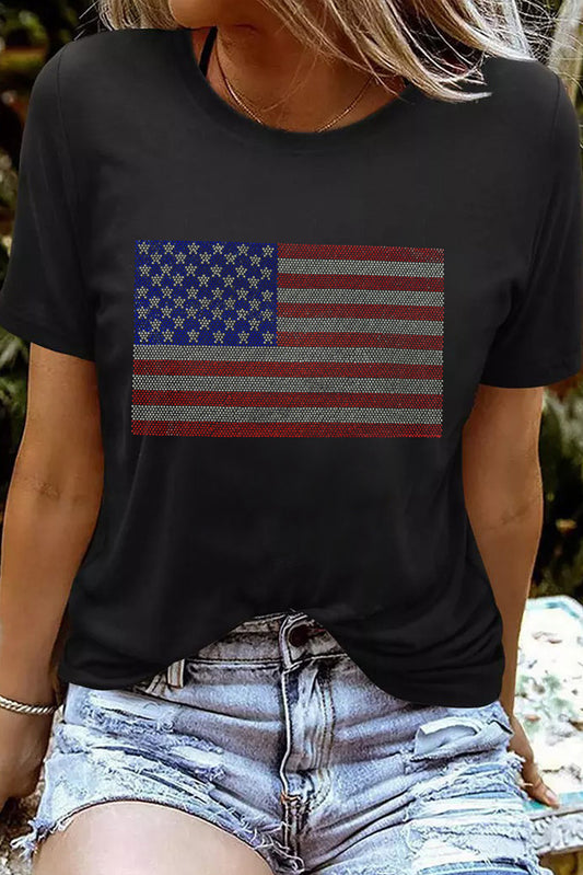 Black Rhinestone American Flag Graphic Round Neck Tee