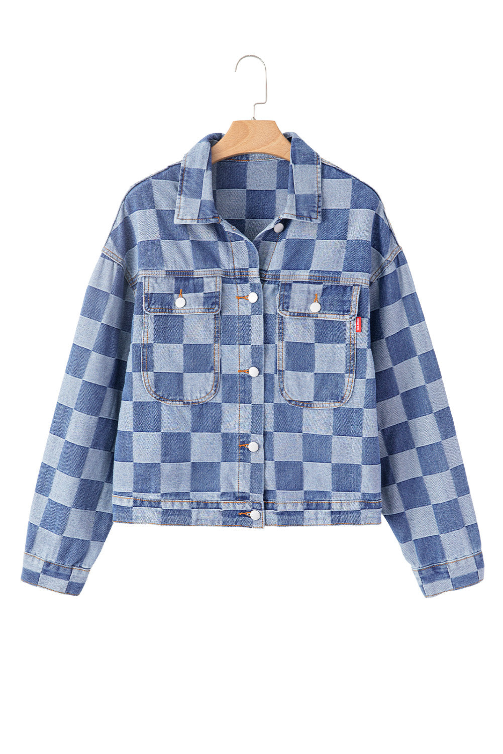 Black Checkered Patchwork Button Up Denim Jacket