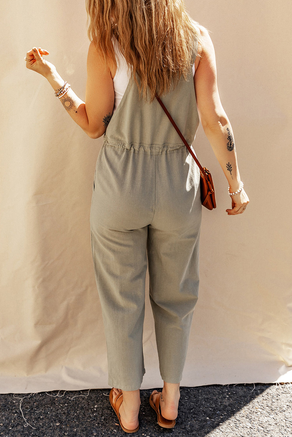 Sage Green Buttoned Straps Drawstring Cropped Jumpsuit