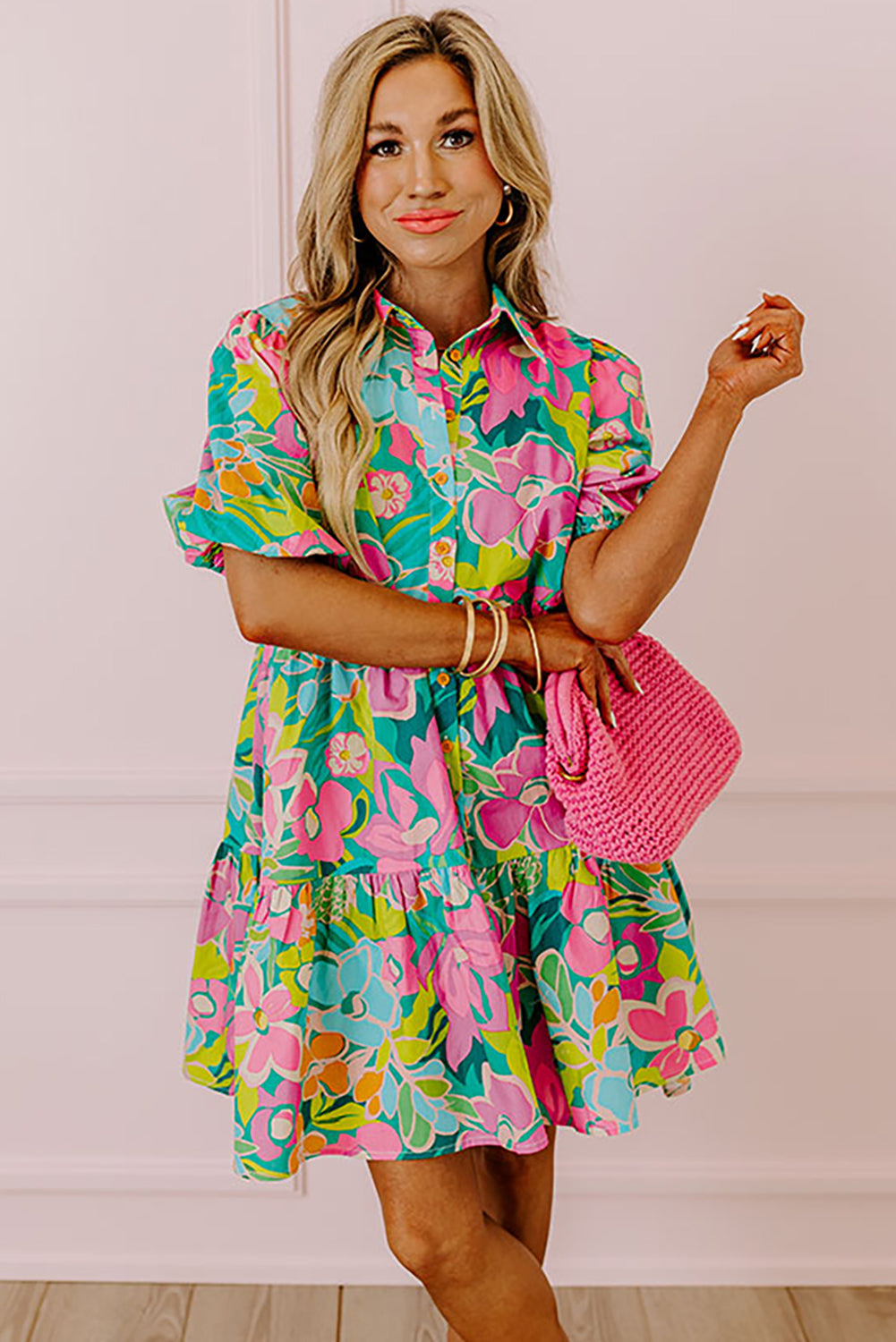 Pink Floral Puff Sleeve Collar Buttoned Babydoll Dress