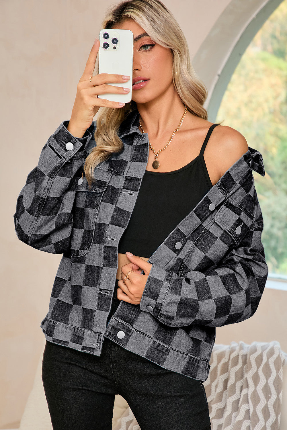 Black Checkered Patchwork Button Up Denim Jacket