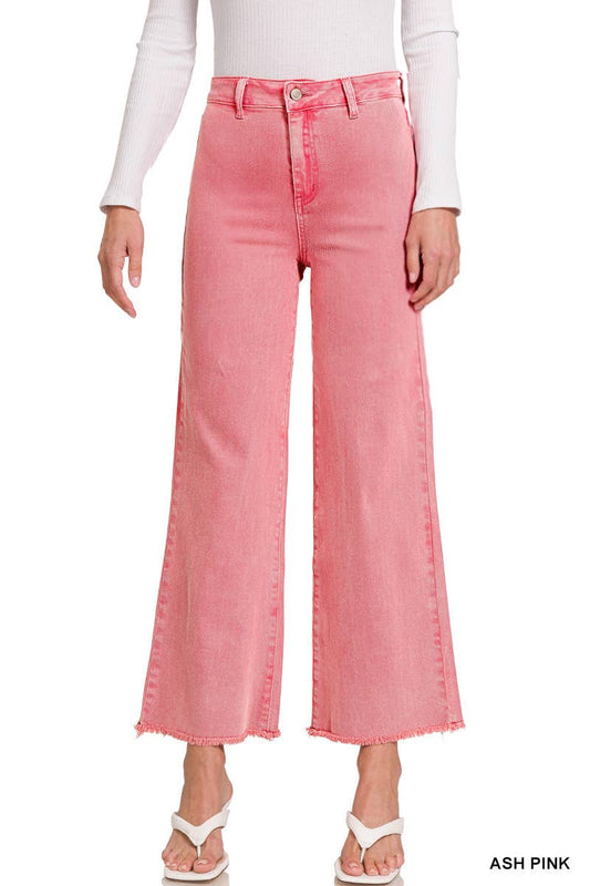 Acid Washed Frayed Cutoff Hem Straight Wide Pants