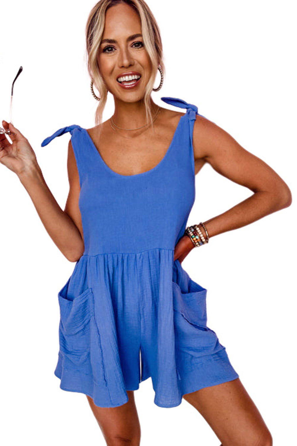 Wholesale Blue Textured Knotted Straps High Waist Wide Leg Romper