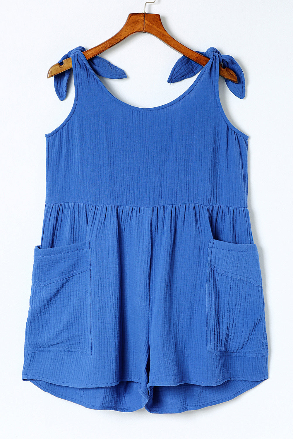 Wholesale Blue Textured Knotted Straps High Waist Wide Leg Romper