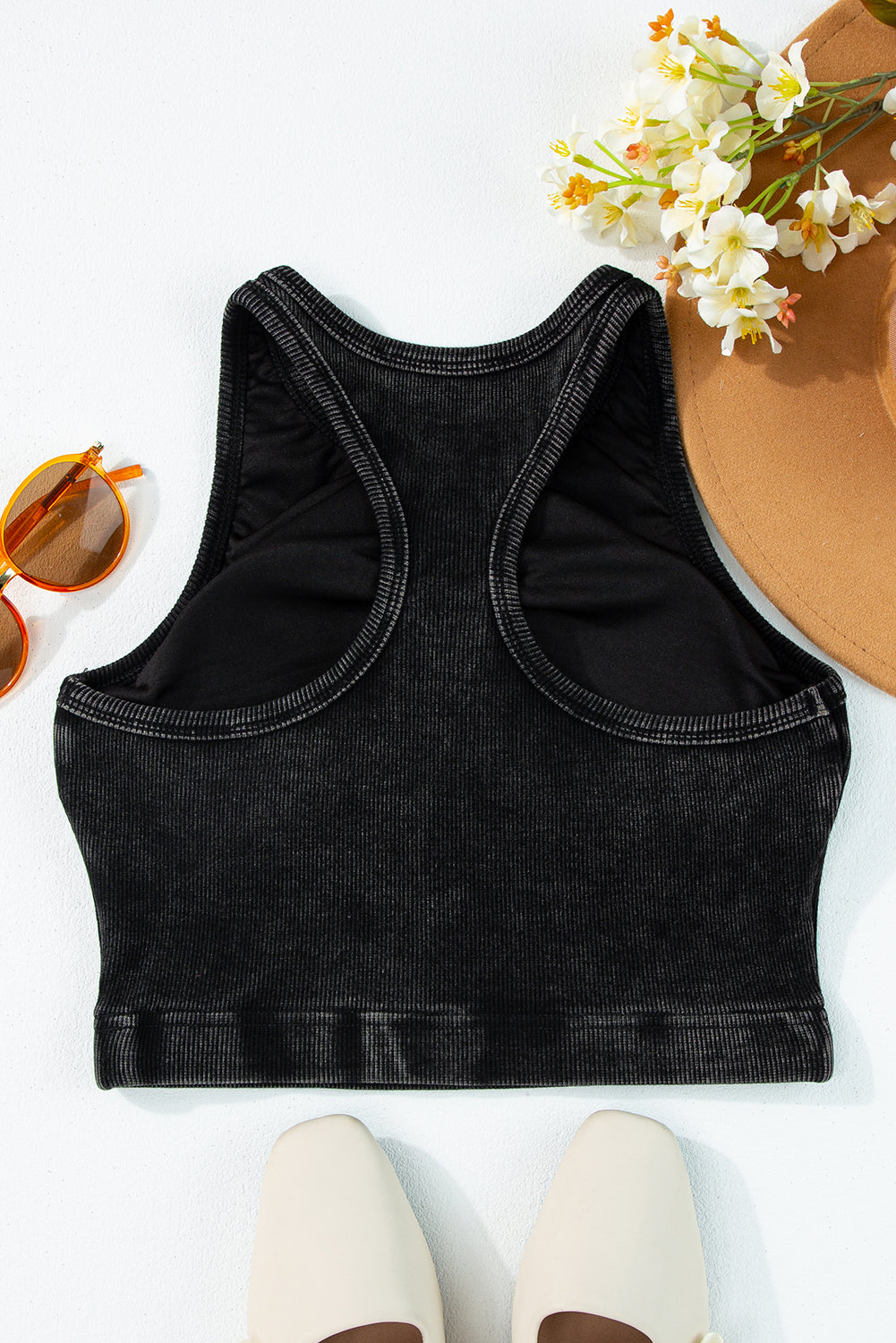 Wholesale Black Ribbed Mineral Wash Racerback Cropped Tank Top