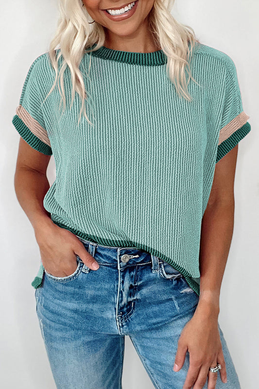 Grass Green Textured Contrast Color Round Neck T Shirt