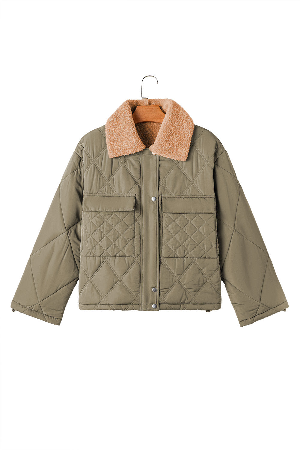 Jungle Green Teddy Collar Flap Pockets Quilted Puffer Jacket