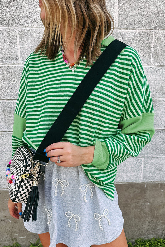 Green Stripe V Neck Collared Waffle Patchwork Loose Top