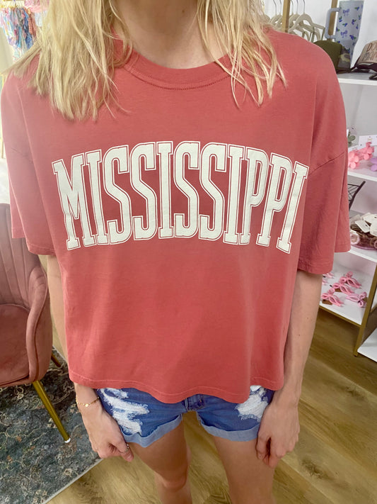 Red “MISSISSIPPI” Long Crop Top