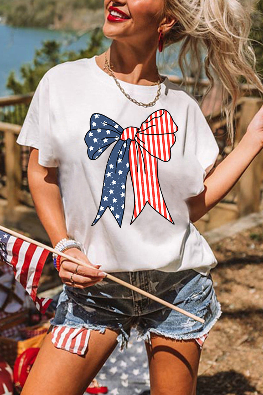 White American Flag Bow Knot Graphic Slim Fit Crewneck Tee