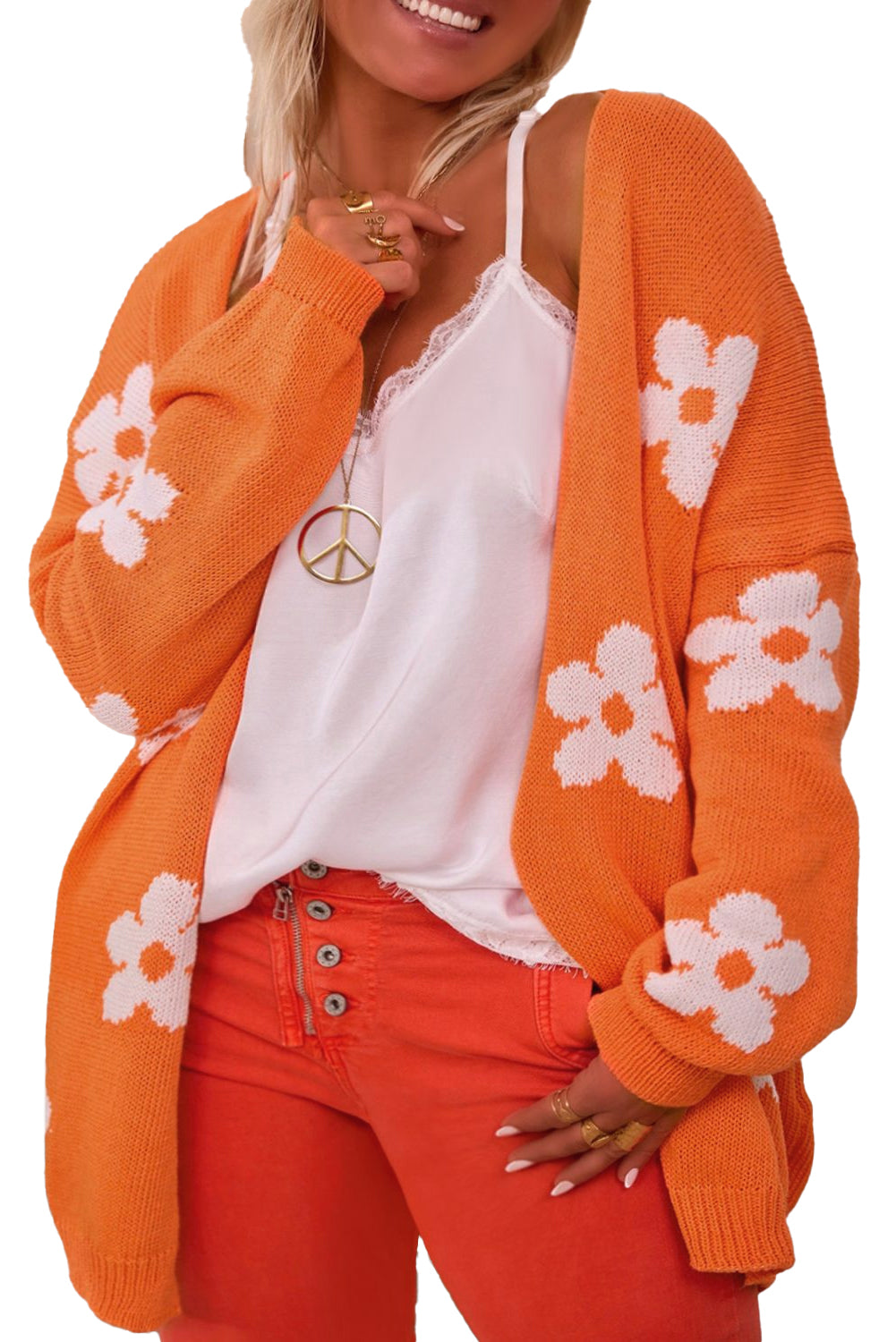 Orange 60s Flower Pattern Drop Shoulder Plus Size Cardigan