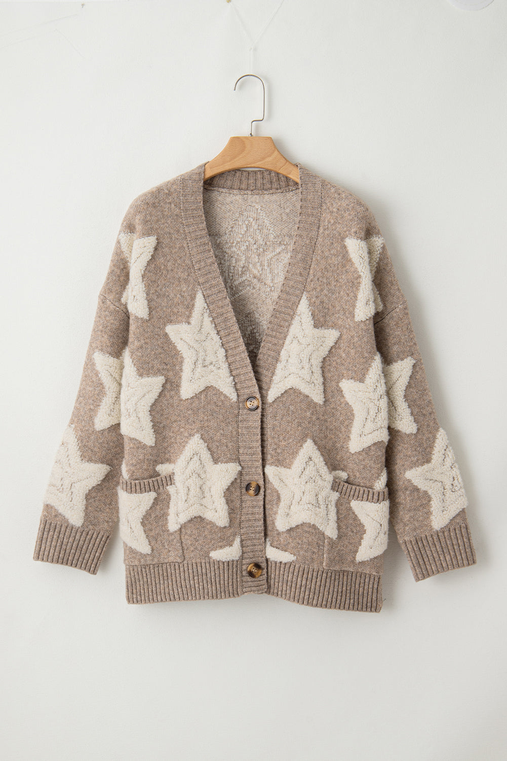 Pink Star Pattern Pockets Button Front Cardigan