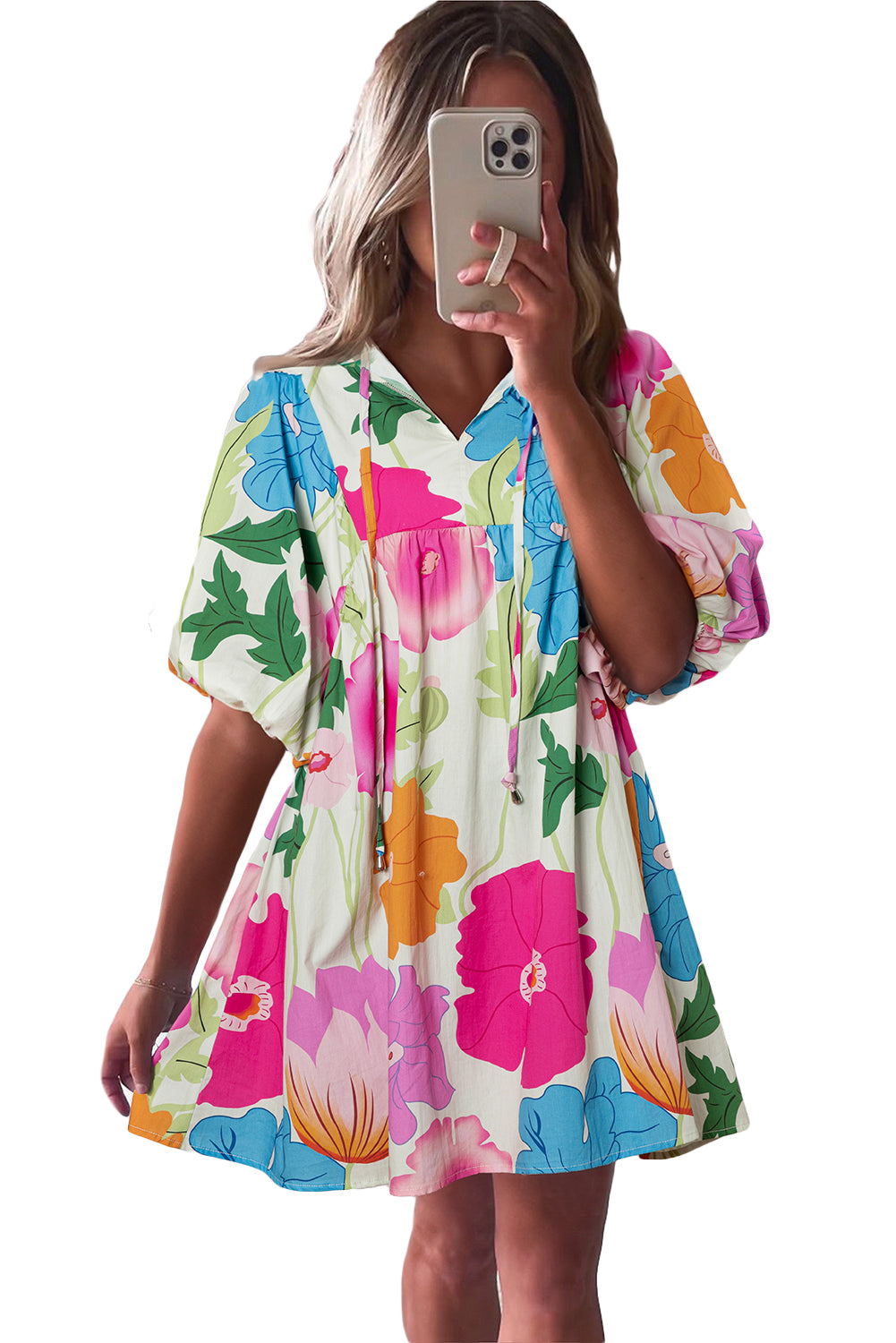 White Puff Sleeve Tied Split Neck Colorful Floral Flowy Dress