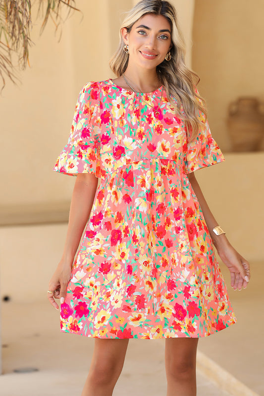 Multicolor Floral Print Flounce Sleeve Pleated Mini Dress