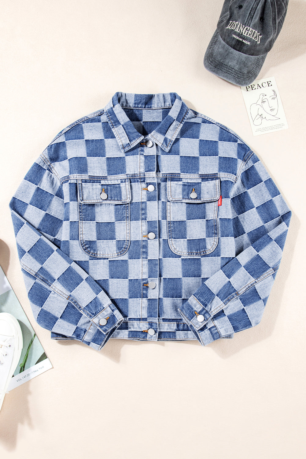 Black Checkered Patchwork Button Up Denim Jacket