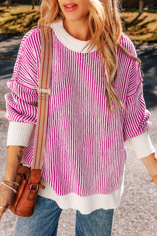 Dark Blue Striped Contrast Trim Loose Sweater