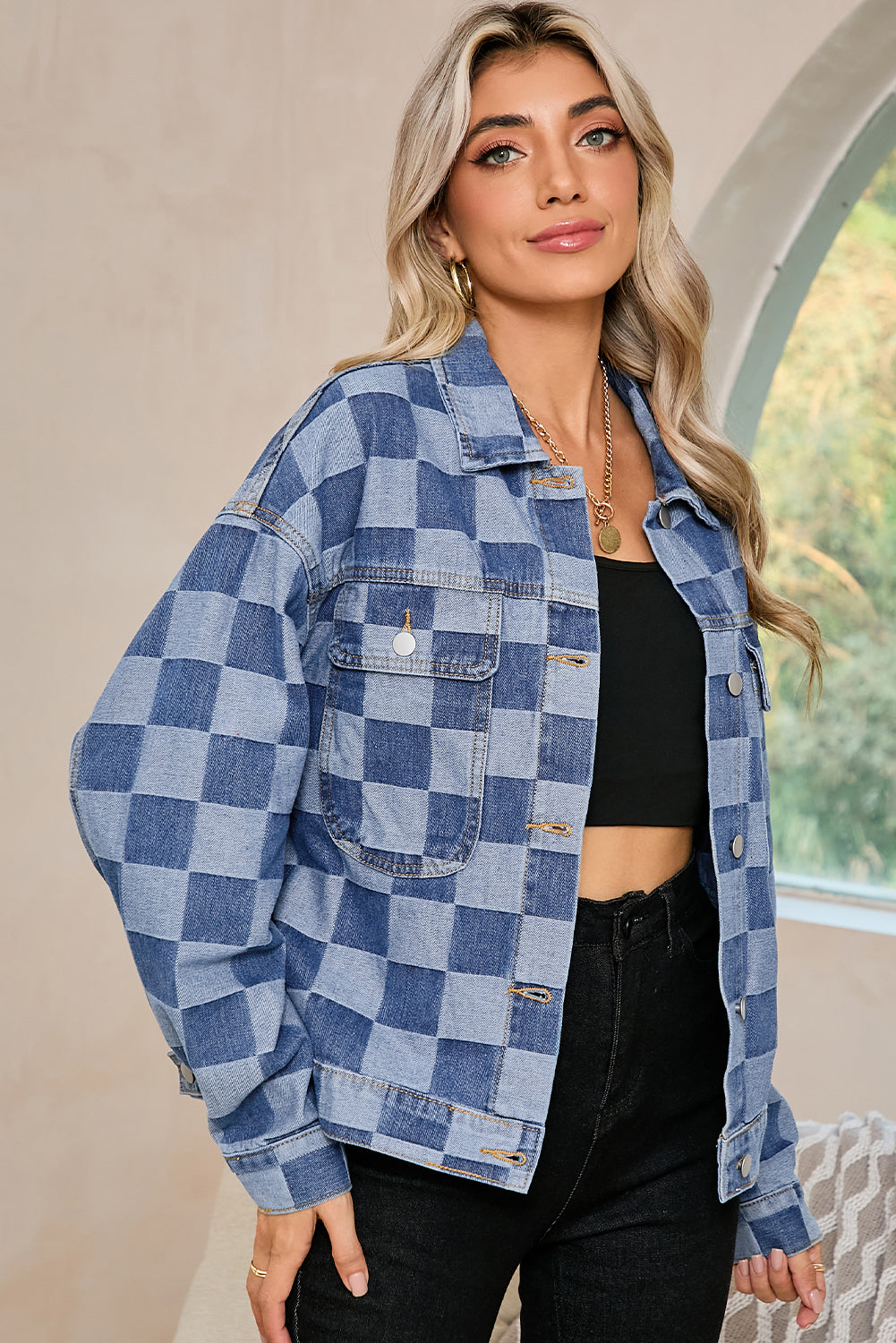 Black Checkered Patchwork Button Up Denim Jacket