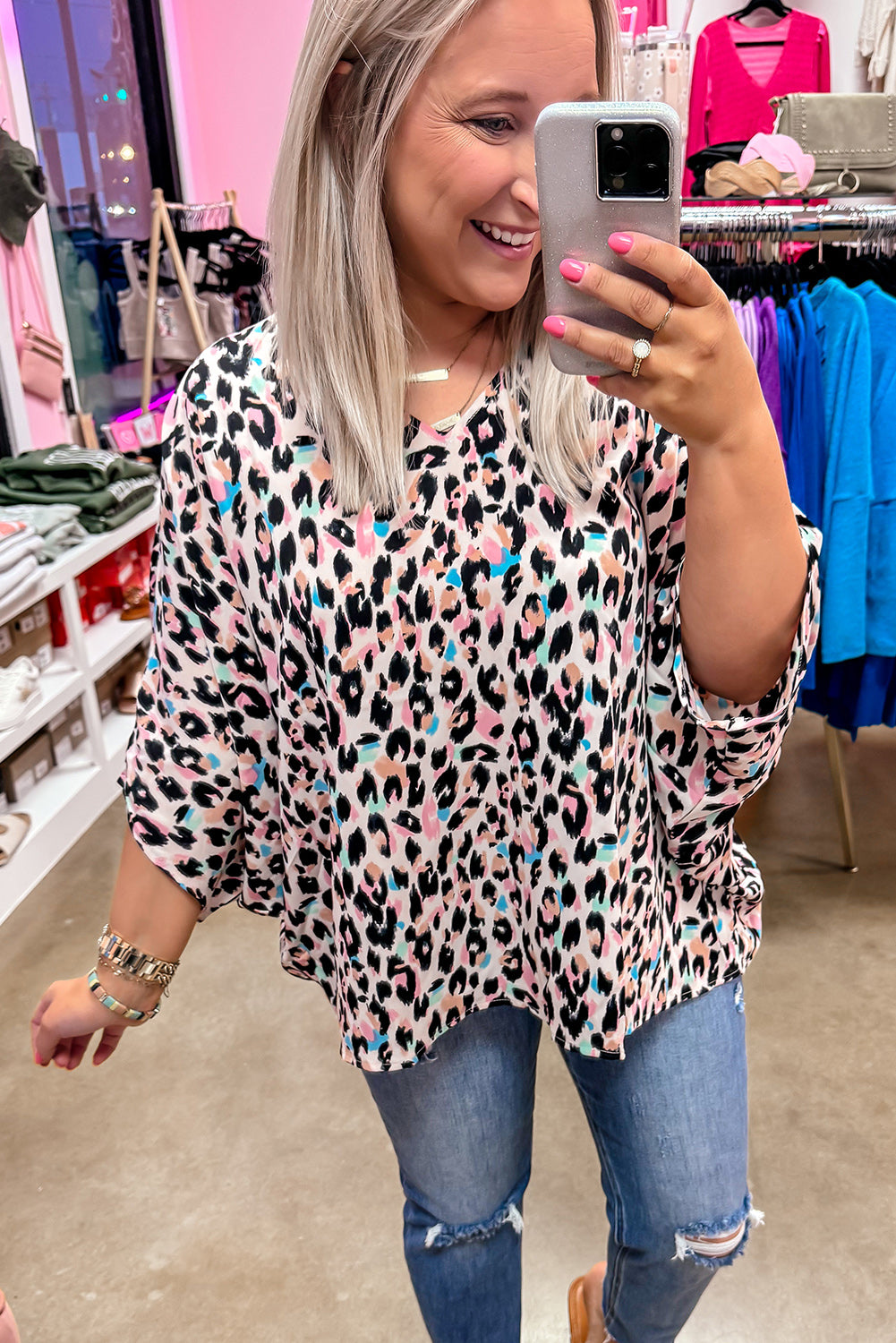 Brown Leopard Print V Neck Plus Size Batwing Top