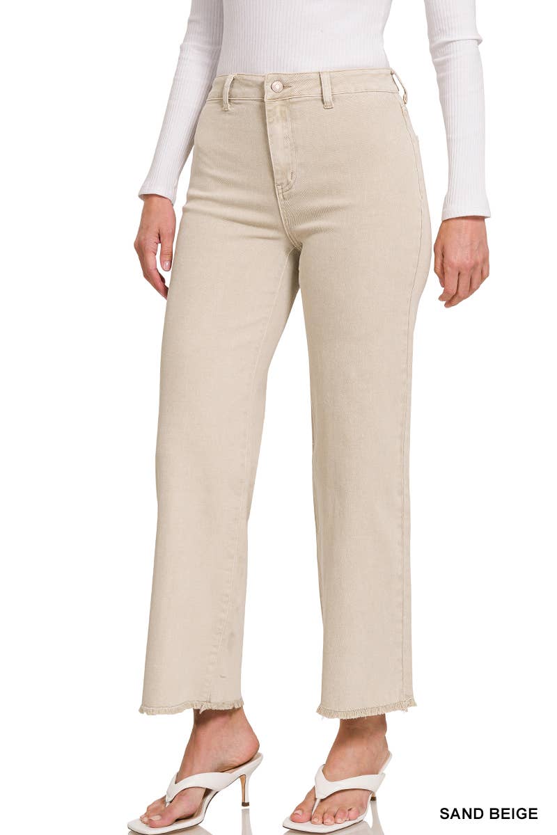 Acid Washed Frayed Cutoff Hem Straight Wide Pants