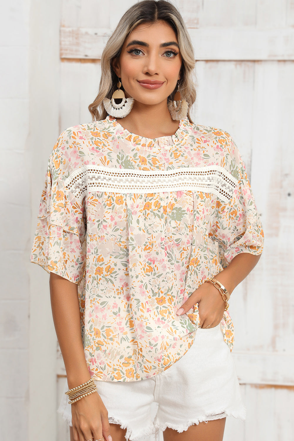 Multicolor Floral Print Wide Batwing Sleeves Blouse