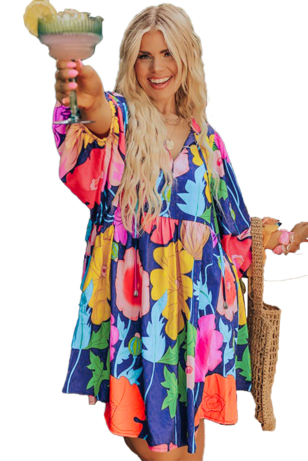 Wholesale Colorful Floral V Neck Balloon Sleeve Plus Size Babydoll Dress