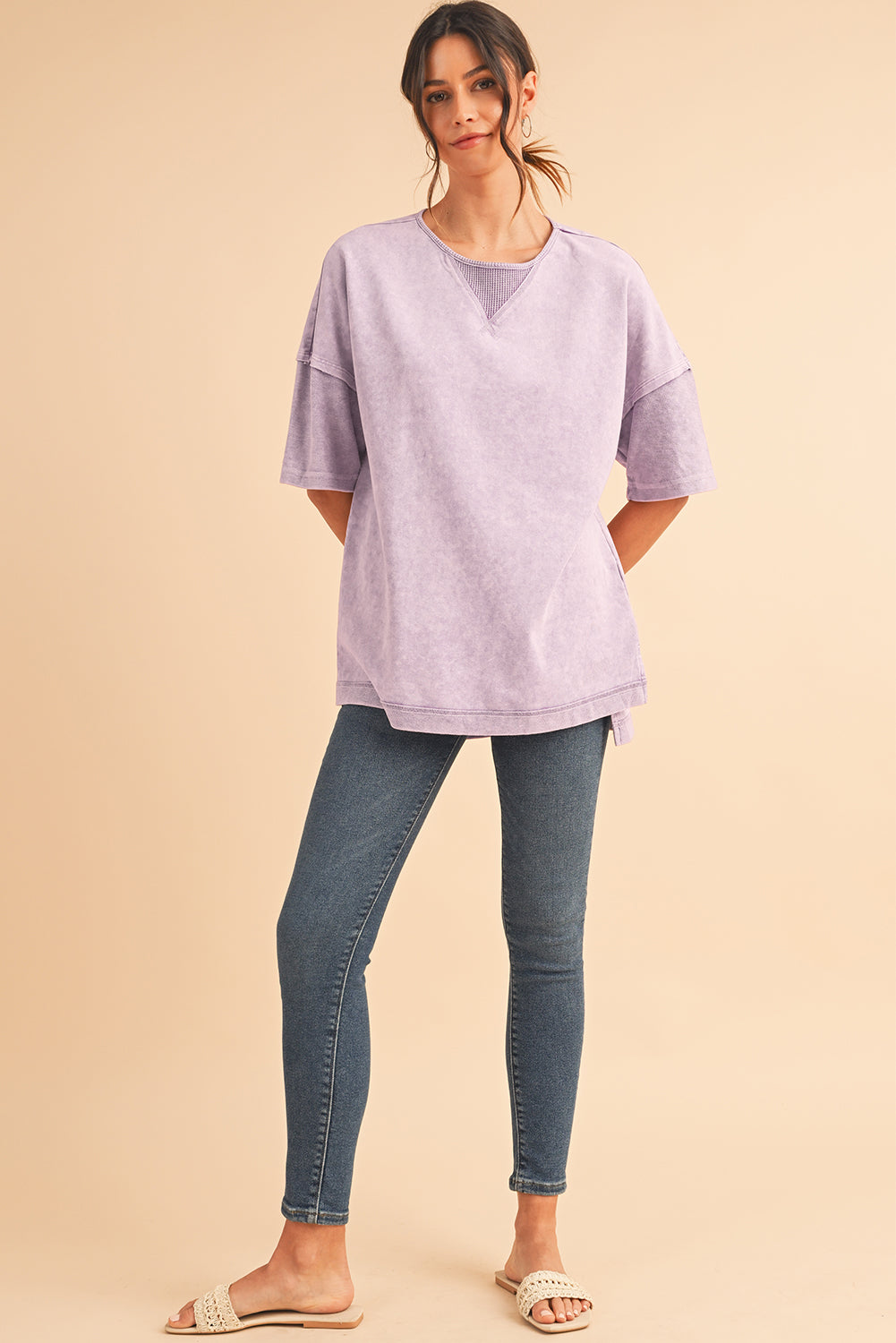 Orchid Petal Mineral Wash Exposed Seam Drop Shoulder Oversized Tee