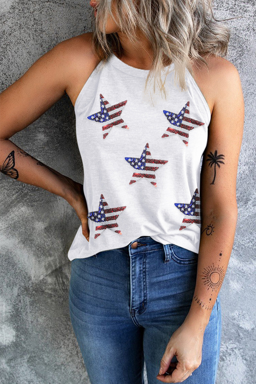 White Sequin American Flag Star Graphic Tank Top