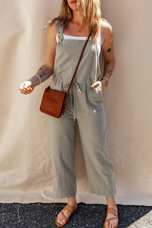 Sage Green Buttoned Straps Drawstring Cropped Jumpsuit