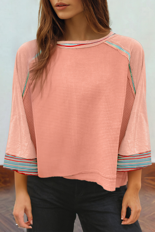 Grapefruit Orange Patchwork Long Sleeve Waffle Top