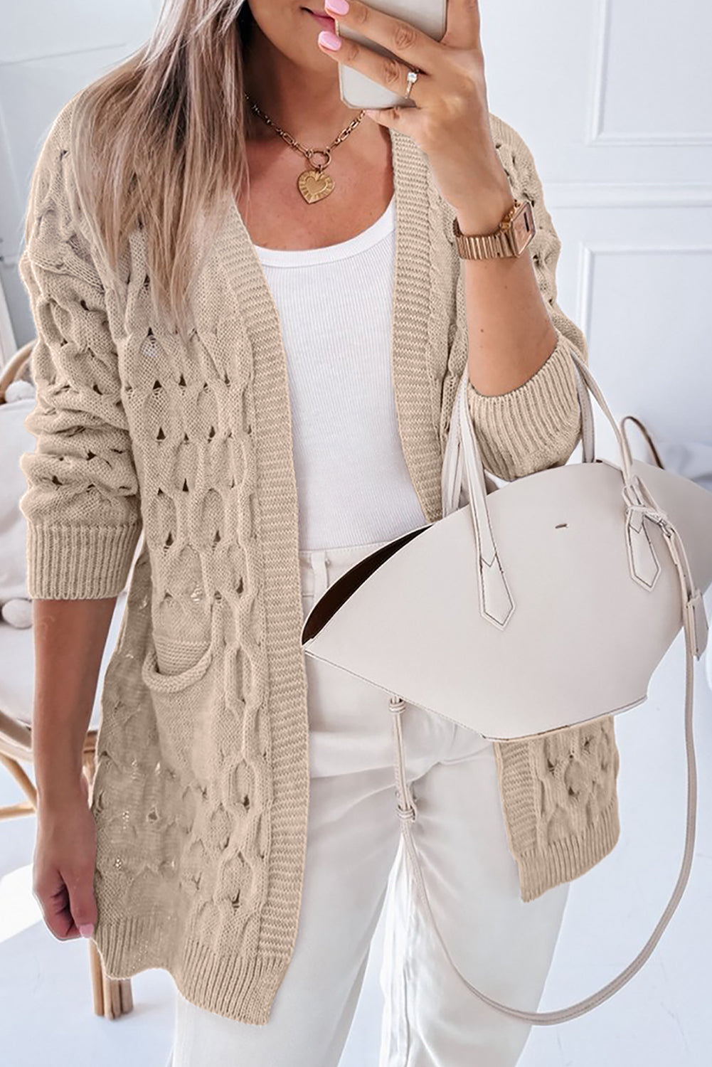 Jet Stream Eyelet Cable Knit Side Pockets Baggy Cardigan