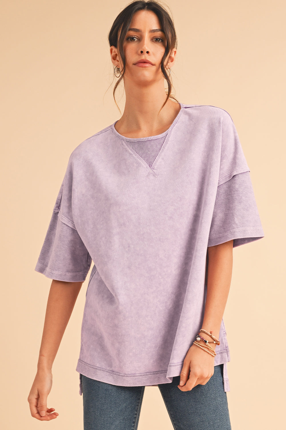 Orchid Petal Mineral Wash Exposed Seam Drop Shoulder Oversized Tee