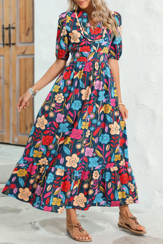 Wholesale Green Floral Print Split V Neck Puff Sleeve Maxi Dress