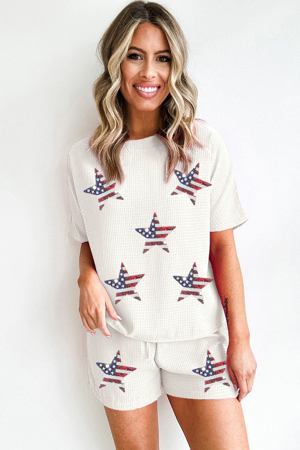 White Waffle Sequin American Flag Star Graphic Shorts Set