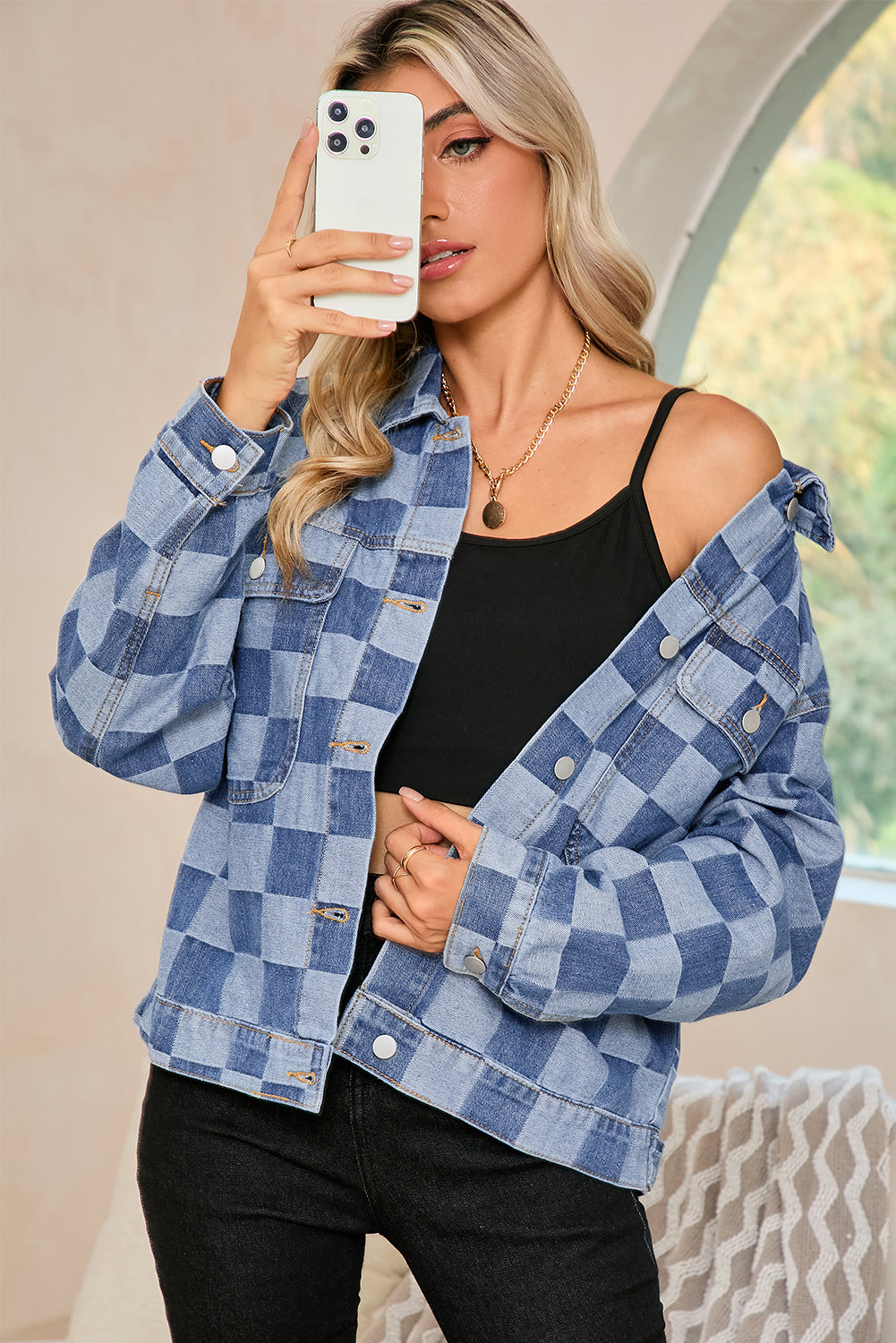 Black Checkered Patchwork Button Up Denim Jacket