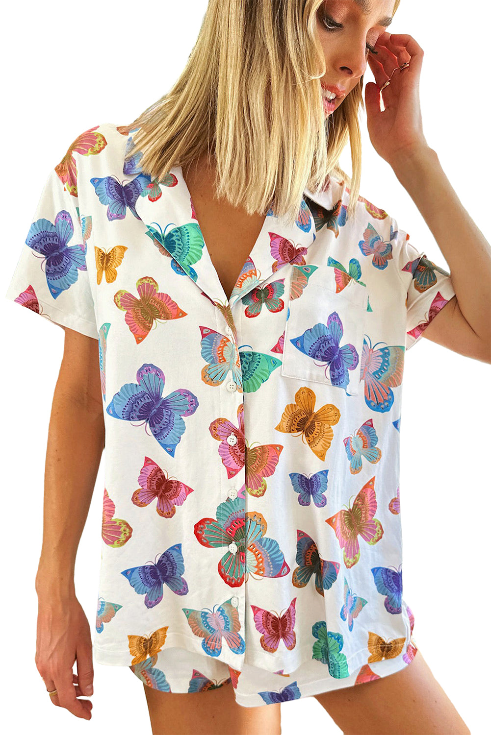 Multicolour Butterfly Print Button-up Shirt & Shorts Pajama Set