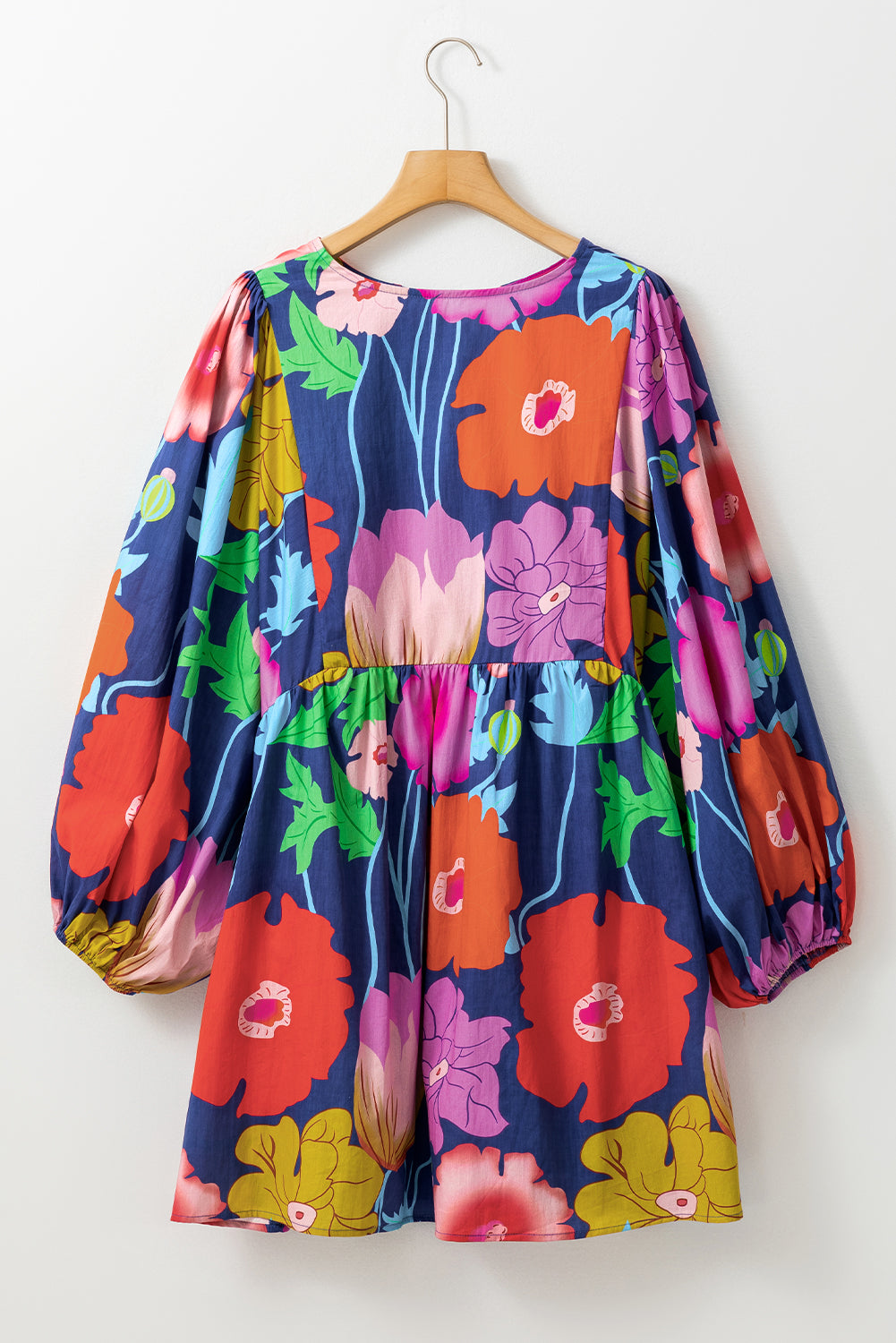 Wholesale Colorful Floral V Neck Balloon Sleeve Plus Size Babydoll Dress