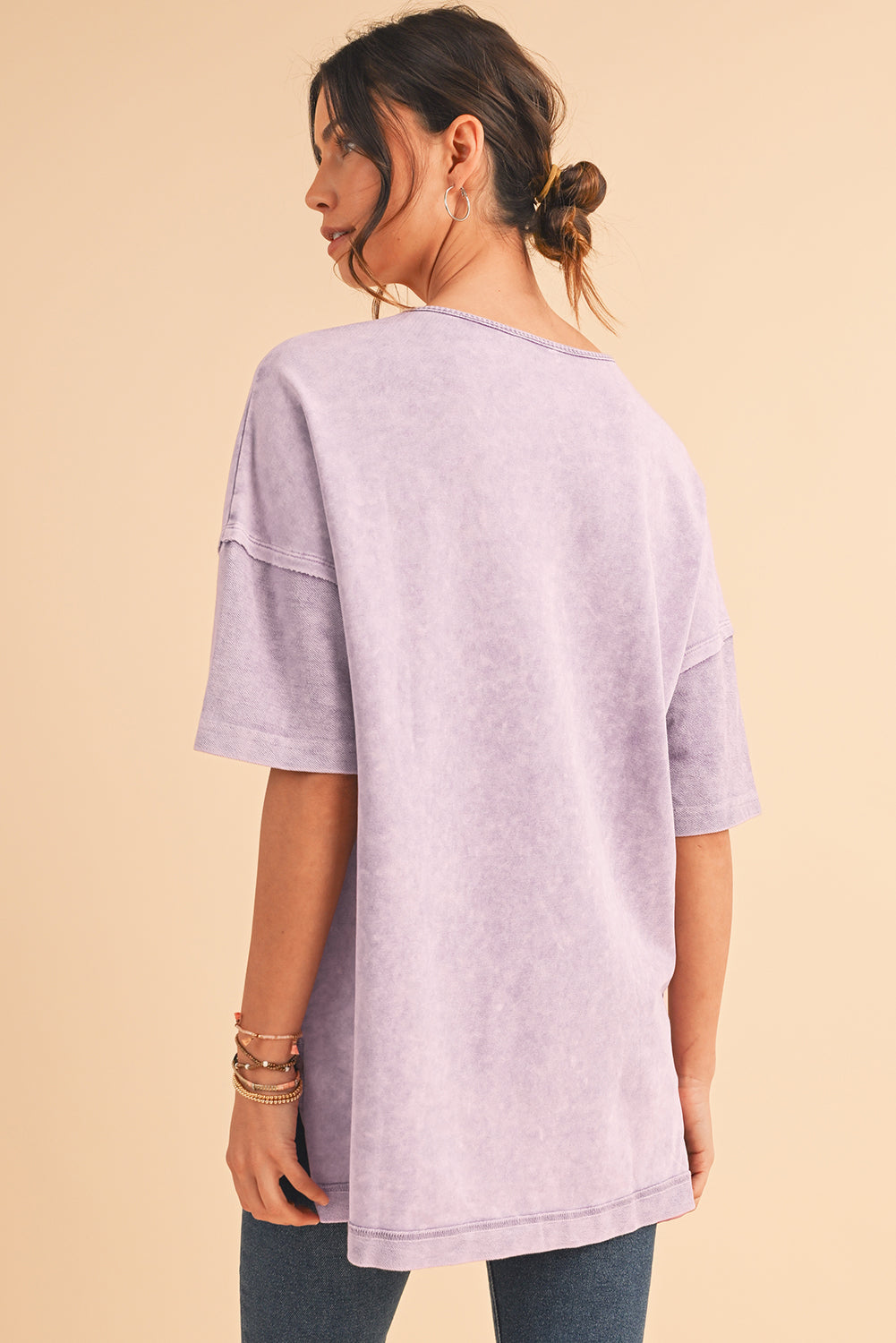 Orchid Petal Mineral Wash Exposed Seam Drop Shoulder Oversized Tee