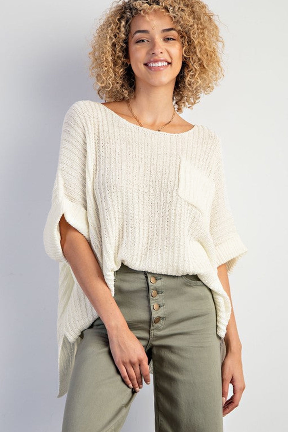 White Knit Patched Pocket Split Baggy Short Sleeve Top
