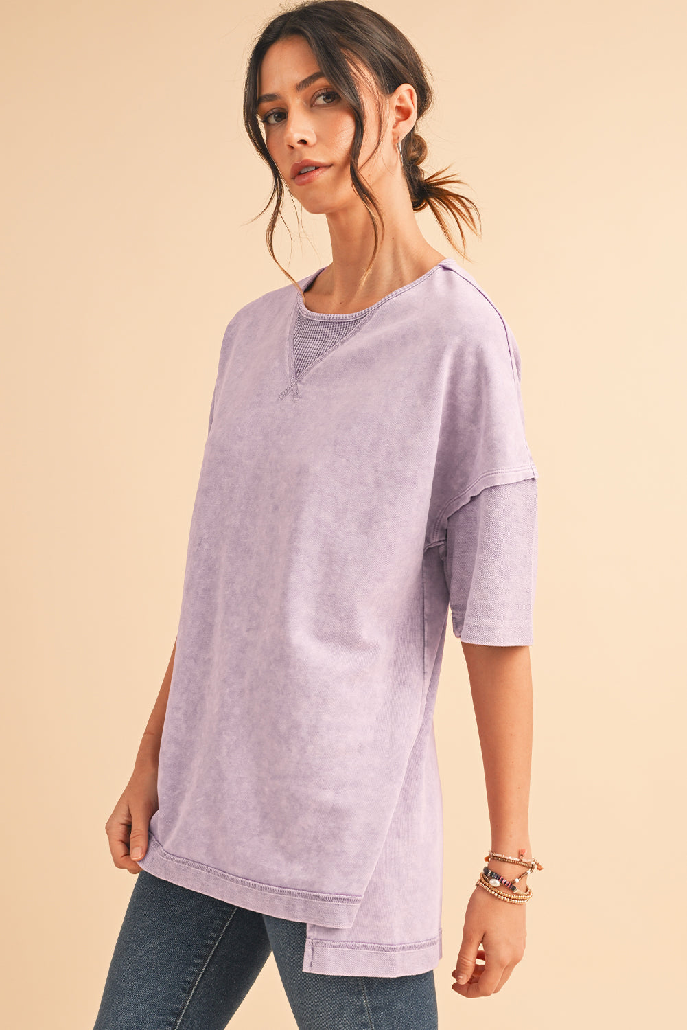 Orchid Petal Mineral Wash Exposed Seam Drop Shoulder Oversized Tee