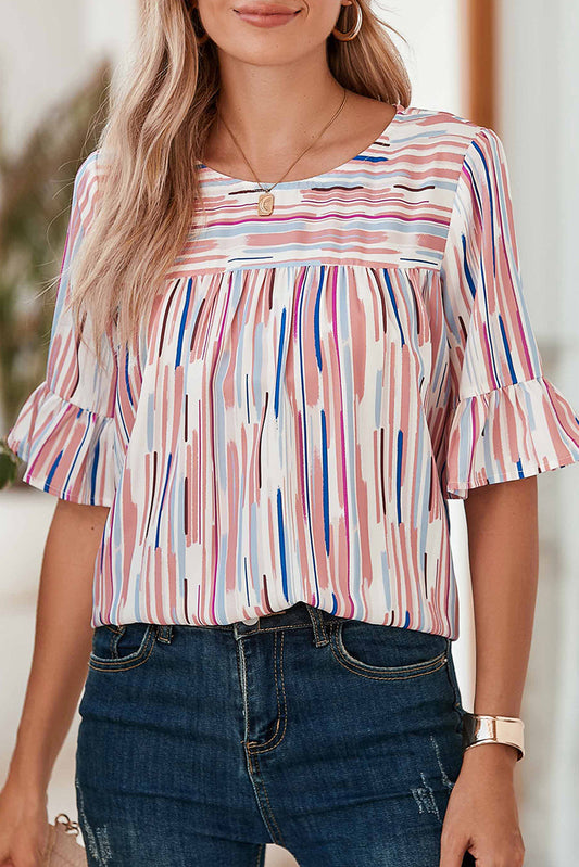 White Abstract Print Ruffle Half Sleeve Blouse